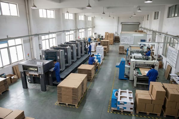 Overhead view of a busy printing and packaging factory floor with multiple large offset printing machines in operation. Workers in blue uniforms are loading and monitoring the machines, surrounded by stacks of brown cardboard boxes and packaging materials on wooden pallets. The brightly lit industrial space features numerous windows along the walls and overhead lighting, indicating an active production environment.