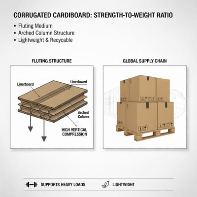 An educational infographic detailing the superior strength-to-weight ratio of corrugated cardboard. The left panel displays a cross-sectional diagram illustrating the fluting structure with two linerboards sandwiching arched columns, emphasizing its high vertical compression capabilities. The right panel features a stack of brown corrugated shipping boxes on a wooden pallet, set against a backdrop of a shipping container and a globe, representing its vital role in the global supply chain. The graphic highlights key benefits: supports heavy loads, lightweight, and recyclable, making it an efficient and sustainable packaging solution.