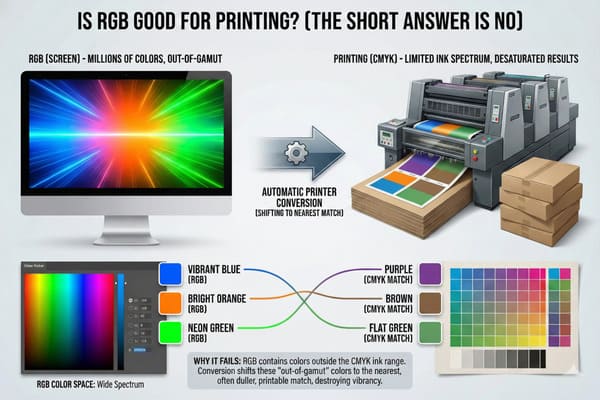 Detailed infographic comparing RGB and CMYK color spaces for print, featuring a computer monitor displaying a vibrant, wide-gamut RGB spectrum alongside an industrial offset printing press producing desaturated CMYK results. The visual explains automatic color conversion, showing how bright RGB colors like vibrant blue, bright orange, and neon green are mapped to duller CMYK matches such as purple, brown, and flat green. It highlights the wide spectrum of RGB color space and the limited ink spectrum of CMYK, emphasizing that out-of-gamut RGB colors lose vibrancy when converted for printing.