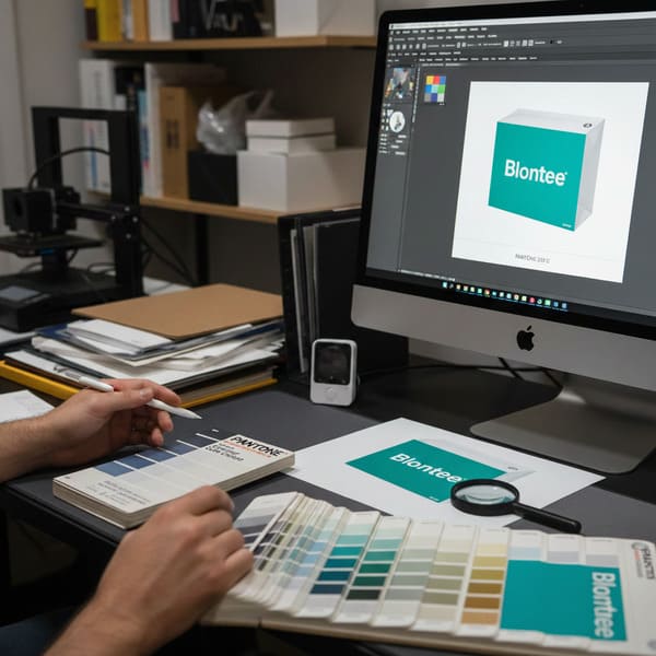 Руки графического дизайнера кропотливо работают над дизайном упаковки продукта, используя настольный компьютер, на котором отображается 3D-рендеринг коробки с логотипом «Blontee» яркого бирюзового цвета с четко обозначенным «PANTONE 289 C». Дизайнер держит белый стилус, сравнивая множество физических образцов цветов Pantone, разложенных веером на темном столе рядом с напечатанным логотипом «Blontee» и увеличительным стеклом, в современной дизайн-студии, ориентированной на брендинг и точность цветопередачи.