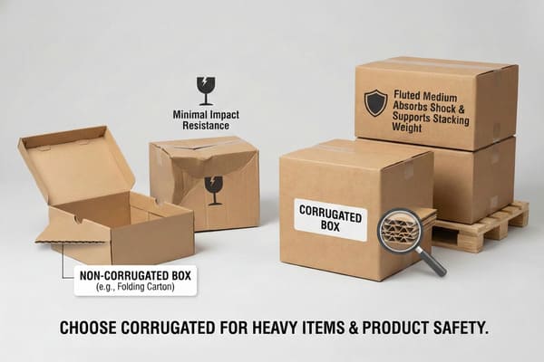 Una infografía comparativa de cajas de cartón corrugado y no corrugado sobre un fondo gris claro. A la izquierda, una caja de cartón plegable no corrugado abierta y una caja no corrugada aplastada con un icono de vidrio roto y la leyenda "Mínima resistencia al impacto" ilustran su fragilidad. A la derecha, dos robustas cajas de cartón corrugado están apiladas sobre un palé de madera. La caja frontal presenta una etiqueta "CAJA DE CARTÓN CORRUGADO" y una lupa que revela su estructura acanalada multicapa. La caja superior muestra un icono de escudo con el texto "El material acanalado absorbe los golpes y soporta el peso del apilamiento". Un texto destacado en la parte inferior dice: "ELIJA CARTÓN CORRUGADO PARA ARTÍCULOS PESADOS Y SEGURIDAD DEL PRODUCTO".