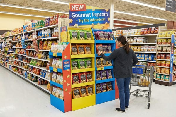 A woman in a grey sweater and blue jeans reaches for a bag of red gourmet popcorn from a vibrant, multi-tiered display in a grocery store aisle. The display prominently features