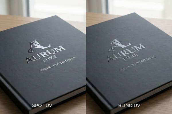 ライトブラウンの木製テーブルの上に、ダークグレーのプレミアムポートフォリオ2枚が並んで置かれ、異なるUV印刷仕上げが際立っています。左側のポートフォリオは、「AURUM LUXE」を高反射テクスチャシルバーメタリックスポットUV仕上げで、「PREMIUM PORTFOLIO」を控えめな光沢スポットUV仕上げで印刷しています。右側のポートフォリオは、「AURUM LUXE PREMIUM PORTFOLIO」を透明でトーンオントーンのブラインドUVコーティングで印刷し、マットなダークグレーの表紙に繊細な光沢効果を際立たせ、高級感のあるブランディングと印刷オプションをアピールしています。