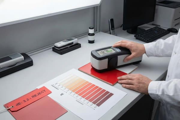 A person in a white lab coat uses a handheld spectrophotometer to measure the color of a glossy red tile on a lab bench. The device screen displays 'Delta E (dE): 1.50 - PASS' with a tolerance of '< 2.0', indicating the color is within acceptable limits. A color difference chart showing Delta E values from 'Undetectable' to 'Acceptable' is on the table, next to a red tag labeled 'dE: 3.2 - REJECT'. Another colorimeter is visible on a charging base in the background, alongside a computer monitor and printer.