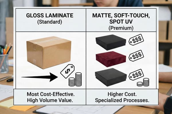 A comparison chart illustrating the cost and features of packaging finishes. The 'Gloss Laminate (Standard)' section shows a plain brown cardboard box with a price tag indicating lower cost and 'Most Cost-Effective. High Volume Value.' The 'Matte, Soft-Touch, Spot UV (Premium)' section displays three luxurious boxes (black, burgundy velvet, and black textured) with price tags indicating higher cost and 'Higher Cost. Specialized Processes.'