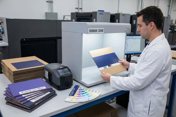 يقوم فنيٌّ يرتدي معطفًا أبيضَ اللونَ بفحص عينةٍ من الورق المقوى الأزرق الداكن بدقةٍ متناهيةٍ تحتَ صندوق إضاءةٍ معياريٍّ بدرجة حرارة لونية 5000 كلفن (D50)، لضمان مطابقة الألوان بدقةٍ في مختبر مراقبة جودة الطباعة أو التغليف. على طاولة العمل الرمادية الفاتحة، يُظهر مقياس الألوان عبارة "Delta E: 1.1A - PASS"، مما يدل على نجاح مطابقة الألوان. في مكانٍ قريب، تُرتَّب أكوامٌ من ألواح الورق المقوى المموجة ذات درجاتٍ مختلفةٍ من اللون الأزرق، بما في ذلك ملصقات "الأزرق المائل إلى البنفسجي" و"الأزرق الداكن"، إلى جانب دليل ألوان بانتون. تظهر الآلات الصناعية في الخلفية، مما يُبرز بيئة تصنيعٍ احترافيةٍ تُركِّز على دقة الألوان.