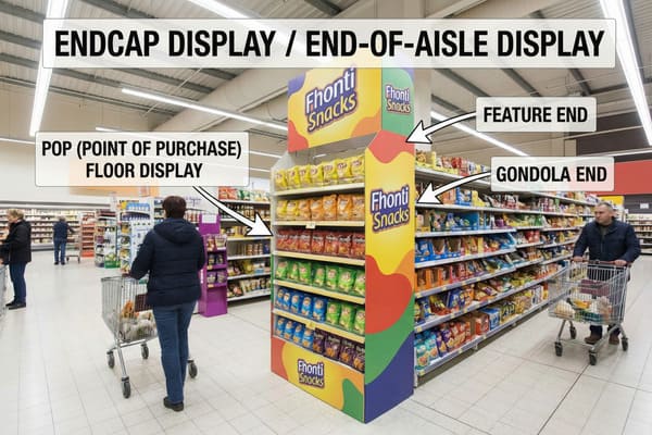 Un vibrante expositor de extremo, también conocido como expositor de final de pasillo o expositor de suelo POP (Punto de Venta), se encuentra en un pasillo de supermercado bien iluminado. El expositor presenta la marca "Fhonti Snacks" con gráficos coloridos y ofrece diversos snacks como Lay's y Doritos. Al fondo, se ven clientes con carritos de supermercado recorriendo el supermercado. La imagen destaca diferentes términos de expositor: Feature End y Gondola End.