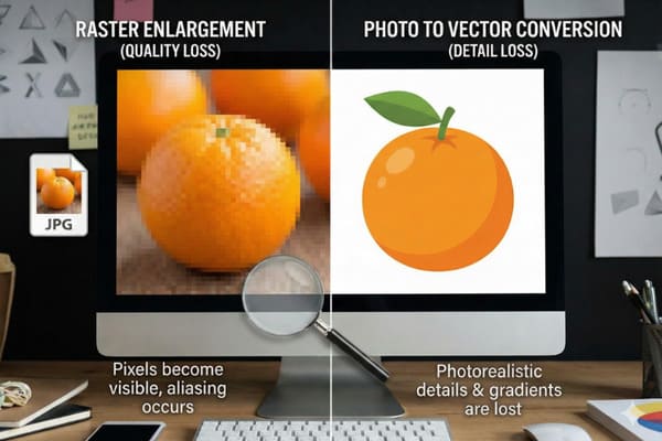 A split-screen view on a computer monitor demonstrates image quality differences. The left side, labeled 'RASTER ENLARGEMENT (QUALITY LOSS)', shows a pixelated, enlarged JPG image of an orange with a magnifying glass highlighting the visible pixels, and text stating 'Pixels become visible, aliasing occurs'. The right side, labeled 'PHOTO TO VECTOR CONVERSION (DETAIL LOSS)', displays a simplified, flat vector graphic of an orange with the Adobe Illustrator (Ai) logo, and text indicating 'Photorealistic details & gradients are lost'. This visual comparison highlights the trade-offs in image scaling and format conversion.