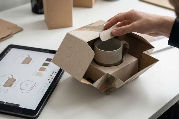 A person's hand carefully opens a custom-designed, eco-friendly kraft paper box, revealing a light grey ceramic mug with a natural brown base, securely nestled within a matching cardboard insert. The outer packaging features an embossed logo and subtle abstract patterns on the inner flaps. In the blurred background to the left, a tablet displays digital design sketches of mugs with dimensions and a palette of earthy color swatches, indicating a product design or packaging development process.