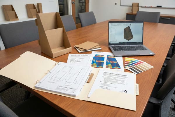 Una vista aérea detallada de una mesa de conferencias de madera muestra el proceso de diseño y adquisición de un expositor para tiendas. Los elementos incluyen un prototipo físico de cartón corrugado marrón, una computadora portátil Dell con un modelo CAD 3D del expositor, una carpeta abierta con planos técnicos y dimensiones, un documento con las "ESPECIFICACIONES DEL MATERIAL: Flauta E, prueba de 200 lb, blanco recubierto", maquetas impresas a color del expositor con gráficos del producto, un muestrario de colores y una memoria USB que ilustra el flujo de trabajo completo del desarrollo del empaque.