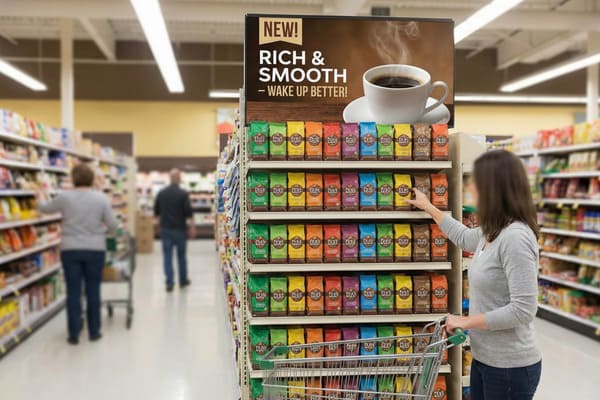 A woman with a shopping cart reaches for a colorful bag of Peak Roast coffee from a well-stocked display in a grocery store aisle. Above the coffee bags, a large sign advertises 'NEW! RICH & SMOOTH - WAKE UP BETTER!' with an image of a steaming cup of black coffee. Other shoppers are visible in the blurred background.