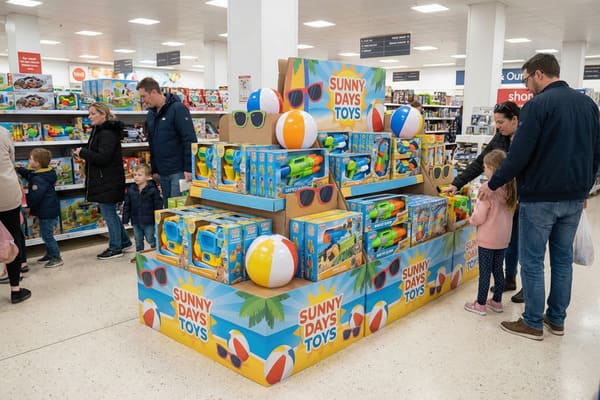 Families browse a vibrant 'Sunny Days Toys' display in a supermarket aisle, featuring colorful beach balls, water guns, and other summer-themed play sets like goggles and sand toys. Parents and children are seen looking at the seasonal toys, with shelves of various other toys visible in the brightly lit background.