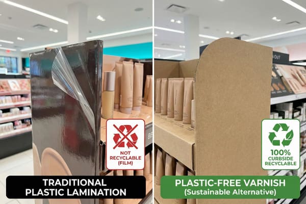 A split image comparing traditional plastic lamination and plastic-free varnish for product packaging in a retail environment. The left side displays a dark, glossy package with a transparent plastic film peeling off, accompanied by a red 'NOT RECYCLABLE (FILM)' icon. The right side shows a natural brown, matte cardboard package with a green '100% CURBSIDE RECYCLABLE' icon, featuring a recycling symbol and a leaf. Both sides showcase rows of cosmetic product tubes, illustrating the environmental impact of different packaging finishes.
