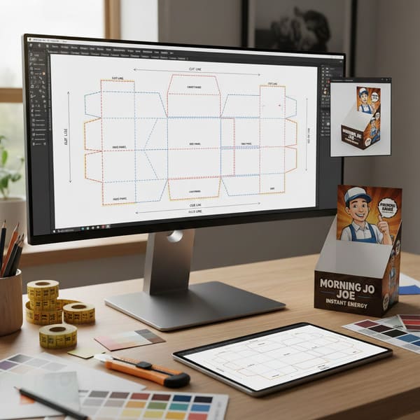 একটি আধুনিক ডিজাইনের কর্মক্ষেত্র যেখানে একটি বৃহৎ মনিটর রয়েছে যেখানে পণ্য প্যাকেজিংয়ের জন্য একটি বিস্তারিত ডিজিটাল ডাই-কাট টেমপ্লেট প্রদর্শিত হচ্ছে, যেখানে 'কাট লাইন' এবং 'ফোল্ড লাইন' টীকা রয়েছে। স্ক্রিনটি একটি কার্টুন মাসকট সহ একটি 'মর্নিং জো জো ইনস্ট্যান্ট এনার্জি' কাউন্টারটপ ডিসপ্লে বক্সের একটি 3D রেন্ডারও দেখায়। কাঠের ডেস্কে, একটি বাস্তব 'মর্নিং জো জো ইনস্ট্যান্ট এনার্জি' ডিসপ্লে বক্স প্যাকেজিং ডাইলাইন প্রতিফলিত করে এমন একটি ট্যাবলেটের পাশে দাঁড়িয়ে আছে, যার চারপাশে হলুদ পরিমাপ টেপ, রঙের সোয়াচ কার্ড এবং একটি ইউটিলিটি ছুরির মতো নকশা সরঞ্জাম রয়েছে, যা একটি বিস্তৃত প্যাকেজিং নকশা এবং প্রোটোটাইপিং প্রক্রিয়া চিত্রিত করে।