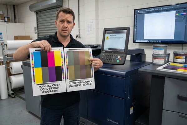 একটি আধুনিক মুদ্রণ দোকানের একজন মুদ্রণ পেশাদার দুটি তুলনামূলক মুদ্রণ ধরে আছেন, যা 'MANUAL CMYK CONVERSION (FOGRA39)' এবং 'AUTO RGB to CMYK (GENERIC PROFILE)' এর মধ্যে পার্থক্য প্রদর্শন করে। ম্যানুয়াল রূপান্তর মুদ্রণটি সঠিক, প্রাণবন্ত CMYK রঙ প্রদর্শন করে, যখন স্বয়ংক্রিয়ভাবে রূপান্তরিত মুদ্রণটি ডিস্যাচুরেটেড, কম সুনির্দিষ্ট রঙ প্রদর্শন করে। লোকটি, চিন্তিত অভিব্যক্তি সহ, নিম্নমানের স্বয়ংক্রিয়-রূপান্তর মুদ্রণের দিকে ইঙ্গিত করে। তার পিছনে, একটি বৃহৎ শিল্প Miropsrok ডিজিটাল প্রিন্টিং প্রেস তার টাচস্ক্রিনে একটি 'RIP প্রক্রিয়া' ত্রুটি দেখায়, এবং একটি বৃহৎ মনিটর গ্রাফিক ডিজাইন সফ্টওয়্যারে একটি ফাঁকা নথি প্রদর্শন করে। মুদ্রণ কাগজের রোল এবং বিভিন্ন কালির পাত্র দৃশ্যমান, যা রঙ ব্যবস্থাপনা এবং মুদ্রণ উৎপাদনের জটিলতাগুলি চিত্রিত করে।