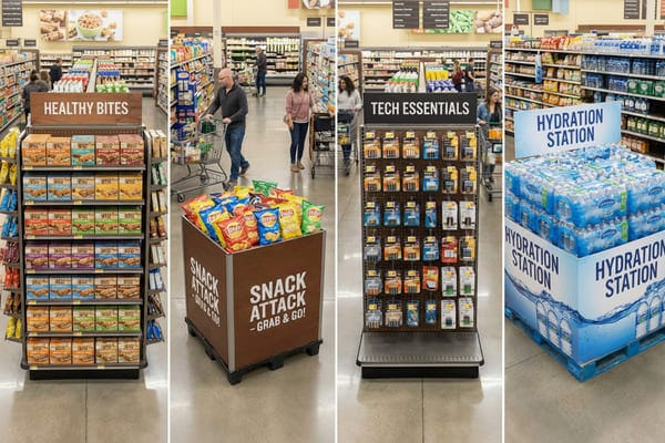 Four distinct retail displays in a grocery store aisle. From left to right: a 'HEALTHY BITES' shelf unit stocked with various granola bars, a 'SNACK ATTACK - GRAB & GO!' wooden bin overflowing with bags of Lay's potato chips, a 'TECH ESSENTIALS' pegboard display featuring packaged batteries and small electronics, and a 'HYDRATION STATION' pallet display stacked with cases of bottled water. Shoppers with carts are visible in the background, browsing the aisles.
