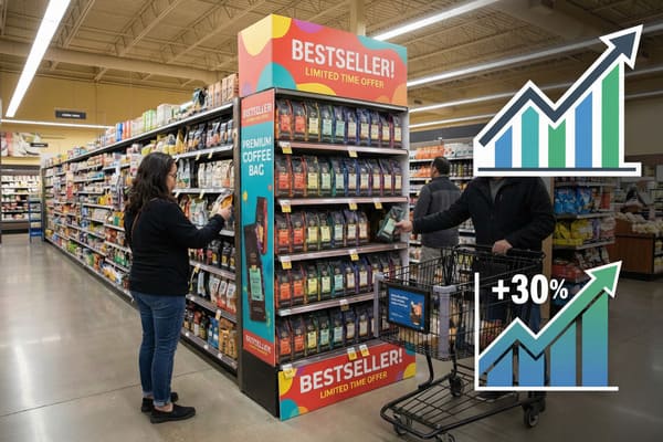 A woman and a man shopping in a grocery store aisle, focusing on a prominent 'BESTSELLER! LIMITED TIME OFFER' display of premium coffee bags. The image includes an overlay graphic indicating a '+30% SALES LIFT' with an upward trending bar chart, highlighting the success of the coffee product display.