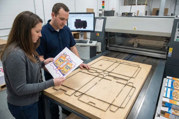 Два специалиста по упаковке, мужчина и женщина, внимательно изучают распечатанный чертеж дизайна коробки для хлопьев. Женщина держит бумагу с двумя надписями «Cereal Box», а мужчина указывает на деревянную вырубную доску с металлическими лезвиями, повторяющую структурный контур коробки. На заднем плане видны большой промышленный вырубной пресс и экран компьютера с цифровым шаблоном упаковки, что подчёркивает точность изготовления упаковки на заказ.