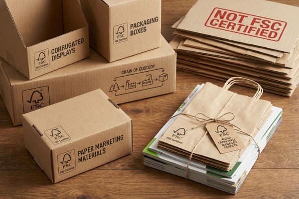 কাঠের টেবিলের উপর বিভিন্ন কাগজ এবং পিচবোর্ড পণ্যের সংগ্রহ, যেখানে FSC সার্টিফাইড এবং নন-প্রত্যয়িত জিনিসপত্র প্রদর্শিত হচ্ছে। বাম দিকে, বেশ কয়েকটি বাদামী কার্ডবোর্ডের বাক্সে 'CORRUGATED DISPLAYS', 'PACKAGING BOXES' এবং 'PAPER MARKETING MATERIALS' লেবেল করা আছে, যার সবকটিতে FSC সার্টিফাইড লোগো রয়েছে। একটি বড় বাক্স 'CHAIN OF CUSTODY' প্রক্রিয়াটি চিত্রিত করে। ডানদিকে, ফ্ল্যাট কার্ডবোর্ডের শিটের একটি স্তূপে স্পষ্টভাবে 'NOT FSC CERTIFIED' স্ট্যাম্প করা আছে। সামনের দিকে, বাদামী কাগজের ব্যাগ দিয়ে ম্যাগাজিনের একটি বান্ডিল উপরে সুতা দিয়ে বাঁধা এবং FSC ট্যাগ লেখা 'WOOD FROM WELL-MANAGED FORESTS', FSC সার্টিফাইড লোগোও প্রদর্শিত হচ্ছে।