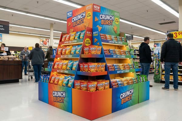 A vibrant, pyramid-shaped Crunch Burst snack display in a grocery store aisle, showcasing various flavored bags of chips with 'New Flavors!' and 'Limited Time Offer!' signs. The display advertises 'Only $3.99' and 'Buy 1 Get 1 Free!' deals. Shoppers are visible in the background, browsing other sections of the brightly lit supermarket.