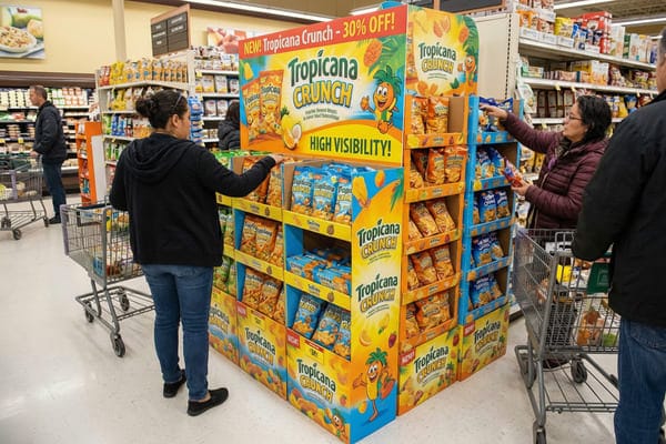 A large, colorful Tropicana Crunch promotional display in a supermarket aisle, attracting shoppers with 'NEW! Tropicana Crunch - 30% OFF!' signage. The display features a cartoon pineapple mascot and showcases bags of pineapple, orange, and strawberry flavored Tropicana Crunch cereal or snacks. Two women are actively selecting products from the well-stocked shelves of the prominent, high-visibility endcap display, with other customers and grocery items in the background.