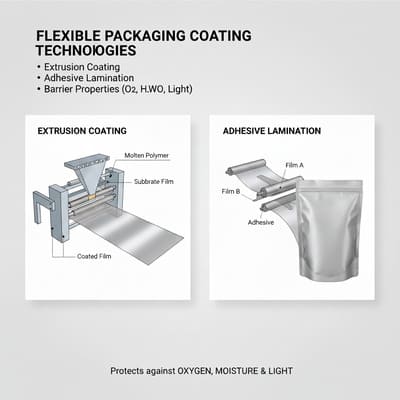 Diagram illustrating two flexible packaging coating technologies: Extrusion Coating and Adhesive Lamination. The Extrusion Coating diagram shows molten polymer being applied to a substrate film via rollers to create a coated film. The Adhesive Lamination diagram depicts Film A and Film B being bonded together with adhesive to form a multi-layer structure, leading to a finished stand-up pouch. Below these, icons represent barrier properties, indicating protection against oxygen (O2), moisture (water droplets), and light (sun symbol), emphasizing the enhanced protective qualities of these packaging solutions.