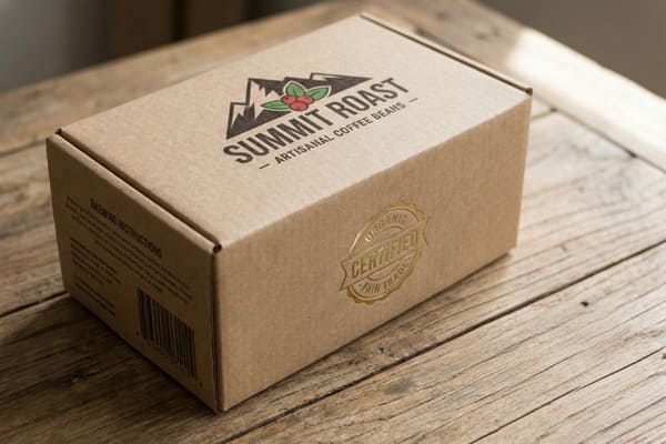 Brown cardboard box of Summit Roast Artisanal Coffee Beans, featuring a mountain and coffee cherry logo, 'Organic Certified Fair Trade' seal, brewing instructions, and a barcode, displayed on a rustic wooden table with a magnifying glass.