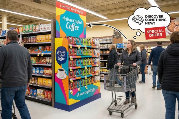 A woman with a shopping cart in a grocery store aisle looks towards a vibrant 'Artisan Crafted Coffee' display, featuring colorful bags of coffee. A thought bubble above her head reads 'DISCOVER SOMETHING NEW!' and 'SPECIAL OFFER', with an arrow pointing to the coffee stand. Other shoppers are visible in the background, browsing shelves filled with various products.