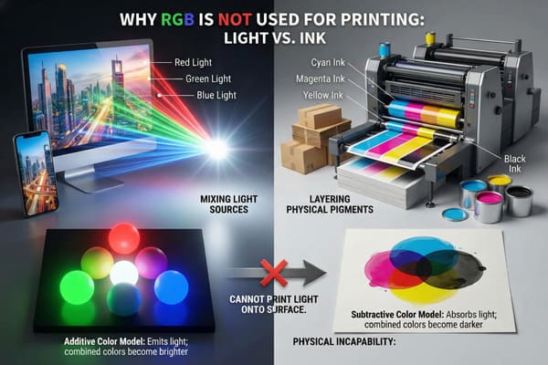An educational infographic visually contrasting the RGB additive color model used for digital displays with the CMYK subtractive color model used for printing. The left side shows a computer monitor and smartphone displaying a vibrant city, with red, green, and blue light beams converging into a bright white light, illustrating how mixing light sources makes colors brighter. Below, glowing spheres in primary and secondary light colors further demonstrate the additive model. The right side features an industrial printing press applying cyan, magenta, yellow, and black inks onto paper, alongside open ink cans and overlapping watercolor circles showing how layering physical pigments makes combined colors darker. A red 'X' and arrow emphasize that light cannot be printed, explaining why printers use ink to subtract brightness, making direct RGB reproduction impossible for print.
