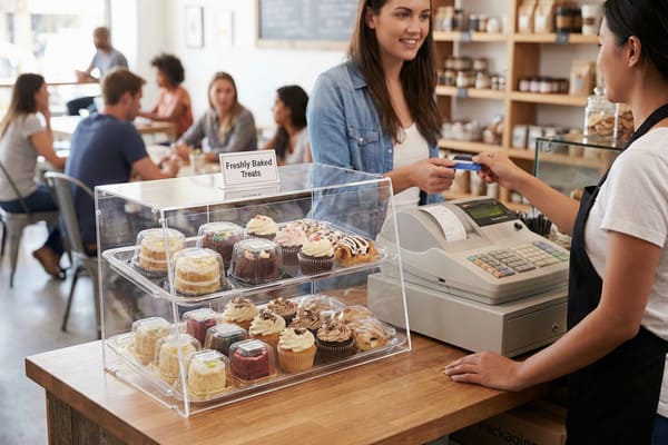 A bright cafe scene showing a female customer in a denim shirt paying with a blue credit card to a female cashier wearing a white t-shirt and black apron at a wooden counter. In the foreground, a clear acrylic two-tier display case, measuring 10 inches deep and 16 inches wide, is filled with various freshly baked treats including cupcakes, mini cakes, and pastries. A sign on top of the case reads 
