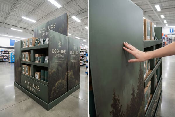 A large, dark green retail display for 'ECO-LUXE LIFESTYLE' products stands prominently in a brightly lit supermarket aisle. The display features a misty pine forest graphic and multiple shelves stocked with various packaged goods, including natural kraft paper boxes and dark green containers. A hand gently touches the side of the display, highlighting its texture. The background shows other retail shelving and a white corrugated ceiling with fluorescent lighting.