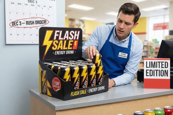 A focused male store manager in a blue apron with a 'STORE MANAGER' name tag is meticulously stocking a black countertop display box filled with 'Flash Sale - Energy Drink' cans, each featuring a yellow lightning bolt logo. The display box also has a '7-Day Production' sticker. In the background, a calendar on the wall highlights 'DEC 3 - RUSH ORDER!' circled in red, indicating an urgent deadline. A 'LIMITED EDITION' sign stands on the counter to the right, suggesting a special product offering in the retail store environment.