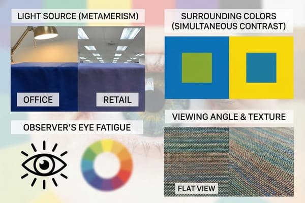 An infographic illustrating four key factors that influence color perception: Light Source (Metamerism) shows a blue fabric appearing blue under a warm desk lamp in an office setting and purplish under cool fluorescent lights in a retail environment; Surrounding Colors (Simultaneous Contrast) demonstrates how a green square appears different on a blue background compared to a blue square on a yellow background; Observer's Eye Fatigue is represented by an eye icon and a blurred color wheel, suggesting the impact of visual strain; and Viewing Angle & Texture displays a woven, multicolored fabric appearing distinct when seen from a flat view versus an angled view.