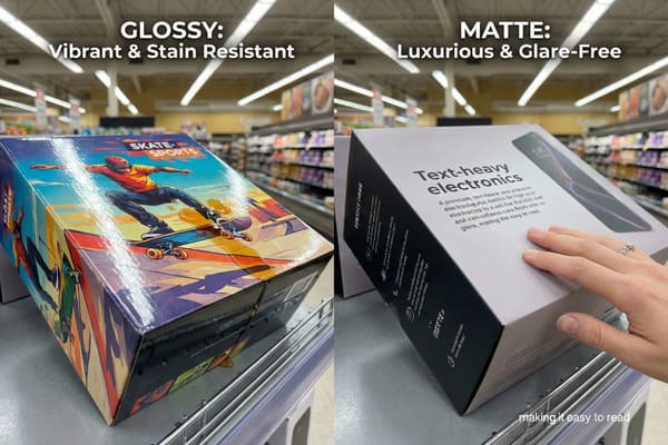 A side-by-side comparison of two product boxes in a supermarket aisle, demonstrating different packaging finishes. On the left, a glossy box for 'SKATE-SPORTS' features vibrant colors and a highly reflective surface, labeled 'GLOSSY: Vibrant & Stain Resistant'. On the right, a matte box for 'Text-heavy electronics' displays a luxurious, glare-free finish, with a hand gently touching it, labeled 'MATTE: Luxurious & Glare-Free'. The image highlights the visual and tactile differences between glossy and matte product packaging.