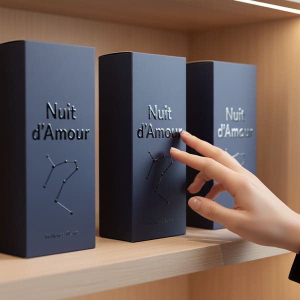 Uma foto em close-up captura três caixas de perfume de luxo idênticas, elegantes e foscas em azul-escuro, cada uma com destaque para a inscrição em relevo prateada metálica "Nuit d'Amour" (Noite de Amor) e um delicado desenho de constelação. As caixas estão cuidadosamente dispostas em uma prateleira de madeira clara polida, iluminada por uma luz quente vinda de cima. A mão de uma pessoa, com unhas bem cuidadas, toca delicadamente a superfície texturizada da caixa do meio, enfatizando a sensação premium e o apelo interativo da sofisticada embalagem do produto em uma vitrine de varejo de alto padrão.