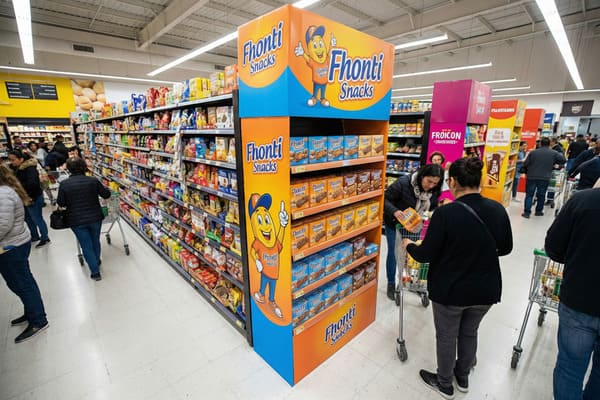 Vista a la altura de los ojos dentro de un pasillo de supermercado bien iluminado, con un prominente expositor naranja y azul de "Fhonti Snacks" con una mascota de cacahuete de dibujos animados haciendo un gesto de aprobación. El expositor está lleno de cajas de Fhonti Snacks. Los compradores, algunos empujando carritos de supermercado, recorren los largos pasillos repletos de diversos productos alimenticios envasados, como snacks, cereales y otros comestibles. La tienda tiene suelo de baldosas blancas e iluminación fluorescente.