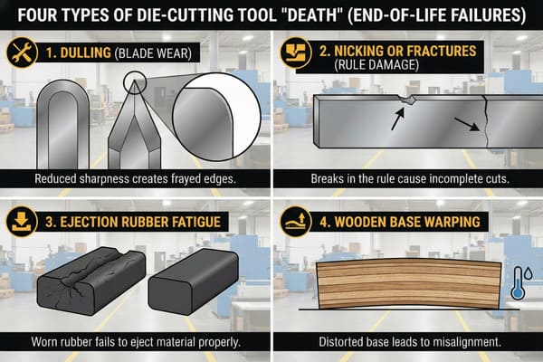 An infographic illustrating four common end-of-life failures for die-cutting tools. It shows 1) Dulling (blade wear) with diagrams of a sharp blade and a dull blade causing frayed edges; 2) Nicking or Fractures (rule damage) depicting breaks in the metal rule leading to incomplete cuts; 3) Ejection Rubber Fatigue with worn, cracked rubber compared to new, showing failure to eject material properly; and 4) Wooden Base Warping, where a distorted base causes misalignment, indicated by a thermometer and water drop icon, all against a factory background.