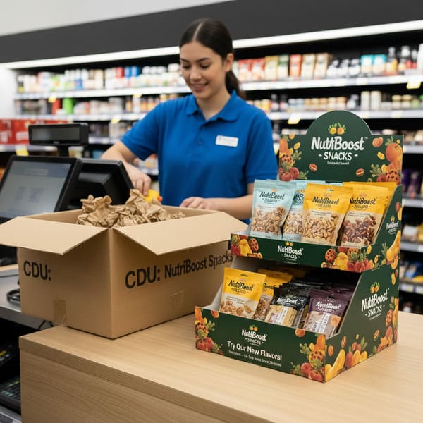 一个色彩鲜艳的双层绿色NutriBoost零食销售展示架,饰以水果和坚果图案,摆放在浅色木质超市收银台上。展示架上陈列着多袋NutriBoost健康零食,包括浅蓝色、黄色和深色包装的坚果和干果。左侧一个棕色纸箱上印着“CDU:NutriBoost零食”,里面装着包装材料,表明是新到货品。背景中,一位身穿蓝色制服、面带微笑的女店员正在收银台后工作,远处隐约可见模糊的货架。