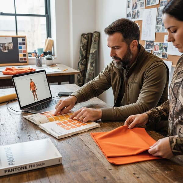 Два дизайнера одежды, мужчина и женщина, работают над линией одежды, тщательно подбирая цвета по каталогу Pantone FHI. Мужчина указывает на яркие оранжевые образцы, в то время как на ноутбуке отображается цифровое изображение оранжевой куртки и брюк. Женщина держит в руках образец ткани оранжевого цвета, гарантируя точность цветопередачи для новой коллекции. Действие происходит в дизайн-студии за деревянным столом, отражающим детальный процесс разработки продукта.