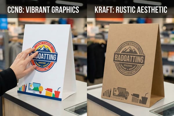 Two promotional table tents are displayed side-by-side on a retail counter, showcasing the visual difference between CCNB and Kraft paper. The left table tent, made from white CCNB (Clay Coated News Back), features vibrant, full-color graphics including a 'BADOATTING' logo with mountains and a colorful border of design elements like pencils, a monitor, a lightbulb, and a drink cup. A hand is gently touching the CCNB tent. The right table tent, made from natural brown Kraft paper, displays the identical 'BADOATTING' logo and design elements in a rustic, monochrome brown print, emphasizing a natural aesthetic. This comparison highlights the versatility of table tent printing for vibrant graphics versus a rustic look.