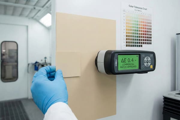 A gloved hand holds a small beige color swatch against a larger beige painted panel, while a colorimeter attached to the panel displays 'ΔE 0.4 - COMMERCIAL MATCH APPROVED' on its screen. A color tolerance chart is visible on the white wall in the background, indicating a precise color matching and quality control process in an industrial or laboratory environment.