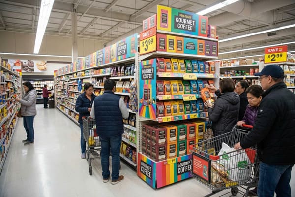 A wide shot of a brightly lit grocery store aisle with several shoppers browsing products. In the foreground, a large, colorful display features 'New Grand Gourmet Coffee' in various packaged bags and boxes, with prices like $3.99 and $15.99 visible. Shoppers are seen examining items, pushing shopping carts, and looking at the coffee selection. Other grocery shelves with various food items line the aisle in the background.