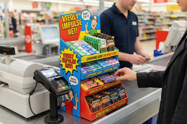 La main d&#39;un client se tend vers une barre chocolatée Snickers sur un présentoir coloré destiné aux achats impulsifs, près de la caisse d&#39;un supermarché. Le présentoir propose divers articles, notamment des chewing-gums, des barres chocolatées comme Snickers et Twix, et des piles Energizer. On aperçoit une caissière en arrière-plan, et un terminal de paiement est posé sur le comptoir, illustrant les transactions habituelles en supermarché et les achats de dernière minute.