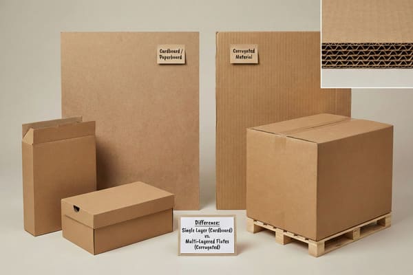 Una comparación detallada en estudio muestra las diferencias estructurales entre el cartón marrón de una sola capa y el cartón corrugado multicapa utilizado en embalajes. El lado izquierdo presenta productos de cartón lisos y uniformes, incluyendo una lámina plana grande, una caja abierta por la parte superior y una caja rectangular con tapa. El lado derecho muestra un cartón corrugado robusto con nervaduras verticales, presentado en una lámina plana grande y una caja de envío resistente sobre un palé de madera en miniatura. Un prominente recuadro en la esquina superior derecha ofrece una sección transversal ampliada del cartón corrugado, revelando claramente sus ondulaciones intercaladas entre láminas planas. Un cartel informativo central resalta la distinción: «Diferencia: Cartón de una sola capa vs. Ondulaciones multicapa (Corrugado)», destacando la resistencia y las cualidades protectoras del embalaje corrugado.