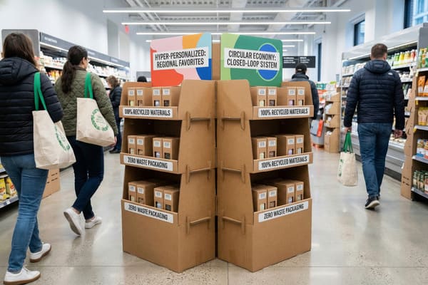 تتوسط ممرات متجر بقالة مضاءة جيدًا منصة عرض بارزة متعددة الطبقات مصنوعة من الكرتون المموج البني الطبيعي. يعلو المنصة لافتتان ملونتان: الأولى، بأشكال تجريدية وردية وبرتقالية وزرقاء، كُتب عليها "منتجات محلية مميزة للغاية"، والأخرى بتصميم دائري أخضر وأزرق، كُتب عليها "اقتصاد دائري: نظام مغلق". تمتلئ أرفف العرض بالعديد من المنتجات الصغيرة المستطيلة ذات التغليف الصديق للبيئة، مع ملصقات واضحة تُشير إلى "مواد مُعاد تدويرها بنسبة 100%" و"تغليف خالٍ من النفايات". يمرّ عدد من المتسوقين، من بينهم سيدتان ورجل، حاملين حقائب تسوق قماشية قابلة لإعادة الاستخدام، إحداها تحمل شعار "مواد مُعاد تدويرها بنسبة 100%" بشكل بارز، مما يؤكد التزام المتجر بالاستدامة.