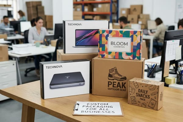 Five custom-branded product packages are displayed on a light wooden desk in an office setting, showcasing diverse packaging solutions. The packages include a white box for 'TECHNOVA' featuring a laptop, another white box for 'TECHNOVA' with a power bank, a colorful geometric box for 'BLOOM COSMETICS', a brown box for 'PEAK OUTDOOR GEAR' with a hiking boot illustration, and a small brown box for 'DAILY SNACKS FMCG' with snack doodles. A clipboard in the foreground reads 'CUSTOM PACKAGING FOR ALL BUSINESSES'. In the blurred background, employees work at computers, and shelves with cardboard boxes are visible, suggesting a fulfillment or office environment.