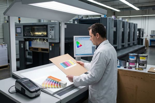 يقوم فني طباعة يرتدي معطفًا أبيض بإجراء فحص دقيق لجودة الألوان في مطبعة أوفست احترافية. يحمل ورقة من الورق المقوى البني عليها شريط اختبار ألوان CMYK مطبوع، ويقارنه ببيانات معايرة ألوان متقدمة، تشمل مخطط CIE للونية ومنحنيات طيفية، معروضة على شاشة حاسوب. تتضمن محطة العمل المضاءة جيدًا جهاز قياس طيفي محمول، ودليل ألوان بانتون، وحاويات حبر CMYK مُصنفة (سماوي، أصفر، أرجواني، أسود). في الخلفية، تُبرز مطابع صناعية ضخمة بيئة إنتاج الطباعة التجارية عالية الإنتاجية، مُسلطةً الضوء على دقة إدارة الألوان.