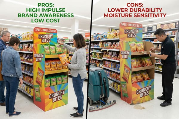 A split image showcasing the pros and cons of a cardboard point-of-sale (POS) display for 'Crunchy Bites' snacks in a grocery store aisle. The left side features a pristine, colorful display attracting customers, emphasizing its benefits for high impulse purchases, brand awareness, and low cost. The right side depicts a damaged, moisture-affected display with a visible spill on the floor, highlighting its lower durability and moisture sensitivity, as a store employee attempts to repair it with tape.