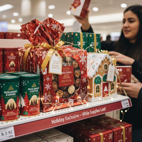 Detalhe de uma prateleira vibrante de uma loja exibindo presentes gourmet exclusivos para as festas de fim de ano, com duas latas de café Molisnay verdes e uma vermelha, ambas com desenhos festivos de árvores. No centro da vitrine, uma grande caixa vermelha de trufas Molisnay Edição Limitada de Natal, embrulhada para presente e adornada com flocos de neve brancos e uma fita dourada, revela chocolates sortidos através de uma janela circular transparente. À direita, uma charmosa caixa de presente em formato de casinha de gengibre é visível. Luzes delicadas enfeitam os produtos, intensificando a atmosfera festiva. Uma faixa vermelha na prateleira abaixo exibe a inscrição "Exclusivo de Natal - Enquanto durarem os estoques!", com um fundo desfocado mostrando uma pessoa interagindo com outros itens.