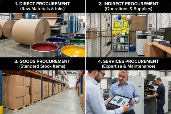 Una imagen de cuatro paneles que ilustra diversos tipos de compras. El panel superior izquierdo, "Compras Directas", muestra grandes rollos de papel kraft marrón y cubos metálicos abiertos llenos de vibrantes tintas de impresión rojas, azules, verdes y amarillas sobre el suelo de hormigón de una planta de fabricación. El panel superior derecho, "Compras Indirectas", muestra un área de almacenamiento segura con jaulas que contiene equipos de seguridad como cascos amarillos, azules y blancos, chalecos de alta visibilidad, escobas y estantes con diversos líquidos de limpieza e industriales en contenedores de plástico, junto a un escritorio de oficina con impresora y ordenador. El panel inferior izquierdo, "Compras de Bienes", muestra un largo pasillo en un gran almacén con estanterías metálicas altas apiladas con numerosas cajas de cartón marrón sobre palés de madera, que se extienden hasta la distancia. El panel inferior derecho, "Adquisiciones de servicios", muestra a dos profesionales, uno sosteniendo una tableta que muestra un diseño CAD 3D de una pieza mecánica, discutiéndolo en un entorno de fábrica, mientras otro técnico opera maquinaria compleja en el fondo, destacando la experiencia y el mantenimiento.